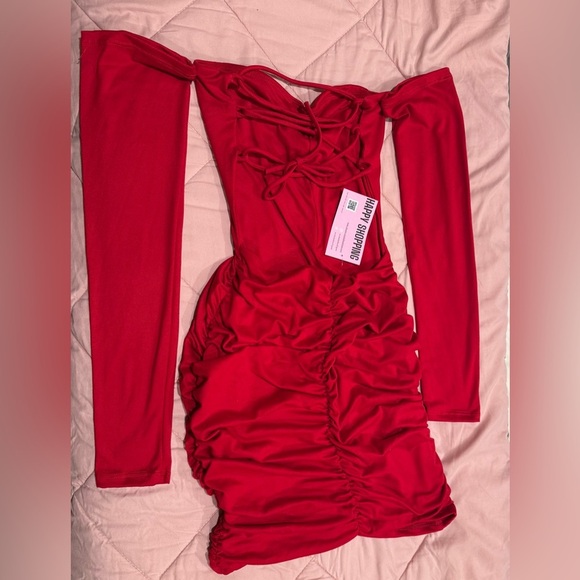 Temptations Red Ruched Bishop Sleeve Cocktail Dress - Picture 7 of 7